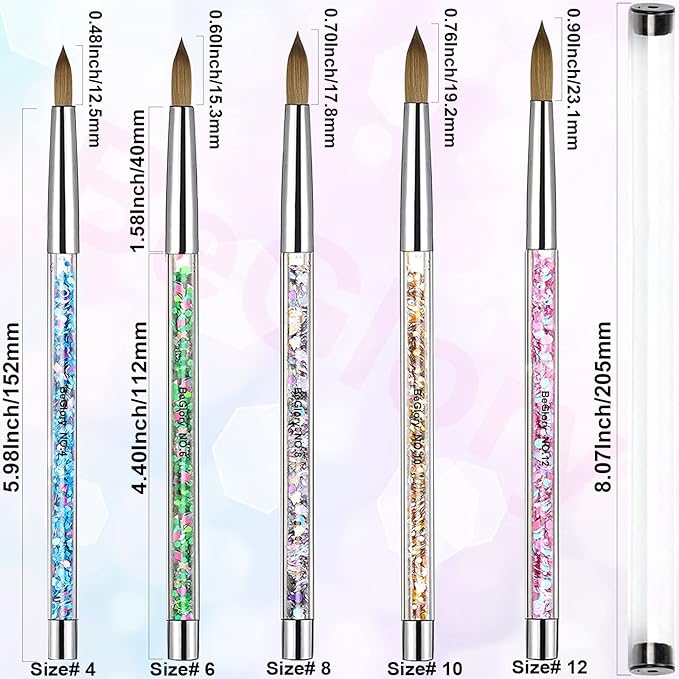 BeGlory 5PCS Acrylic Nail Art Brushes Set - Nylon Round Head - Pink, Gold, Silver, Blue, Green Handles - Manicure & Pedicure Tools