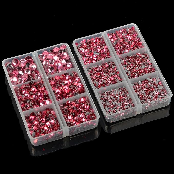10000Pcs 2-Boxes Mixed Size Hot Fix Round Crystals Gems Glass Stones Hotfix Flat Back Rhinestones with Tweezers and Picking Pencil (Fuchsia)