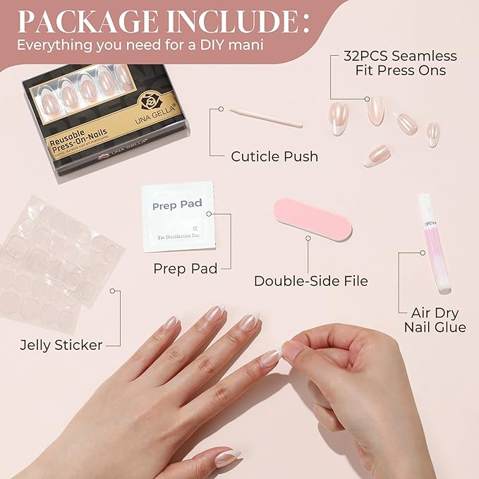 UNA GELLA Press On Nails: Almond French Tip Soft Gel Press Ons Short Kit with Nail Tips Glue on Nails, 16 Sizes - 32Pcs Reusable Chrome French Fake Nails Kit, Gift for Women