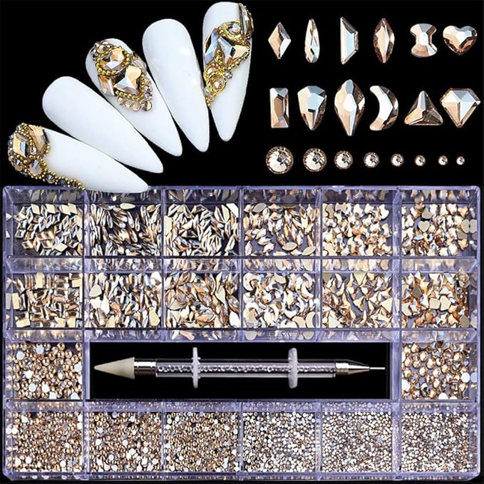 3100 Pcs Nail Crystal Kit Multi Shapes Glass Crystal Champagne Rhinestones for Nail Art Craft Mix Sizes Non Hotfix Flatback Nail Gems+ Wax Pen for Rhinestones in Acrylic Beads Storage Container