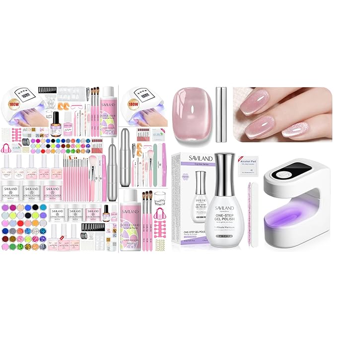 SAVILAND Acrylic Nail Kit for Beginners & One-Step Gel Nail Polish Kit: Lilac Haze 5-In-1 Cat Eye Gel Polish with U V LED Nail Lamp Magnet