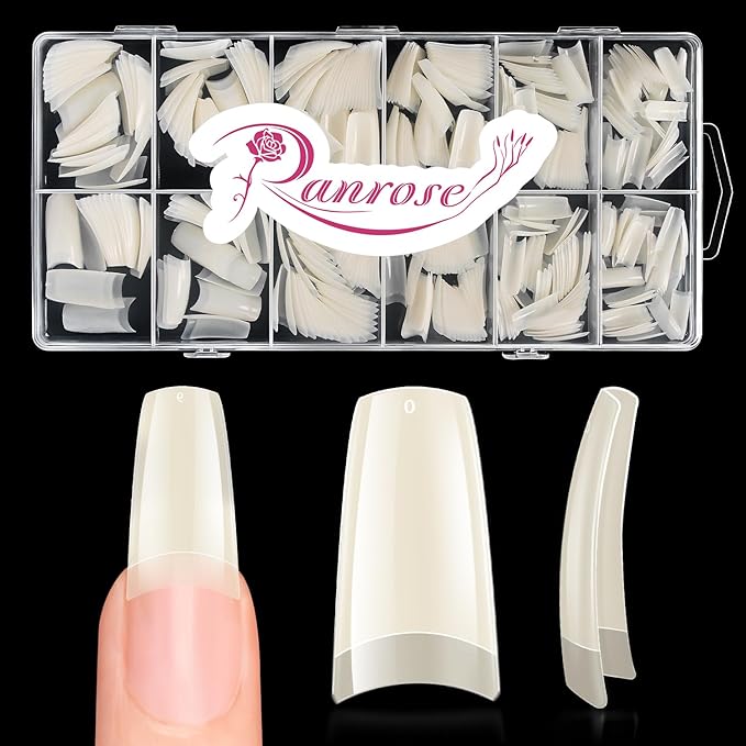 Ranrose 504PCS Fake Nails, French Tip Soft Gel Nail Tips 12 Sizes Acrylic Nail Kit Half Cover False Nails Manicure with Box for Nail Extensions Art White Press on Nails DIY Beginners
