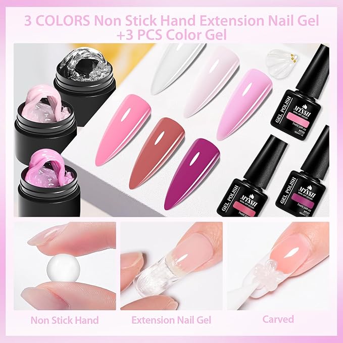 MTSSII 10PCS 3D Builder Gel Kit - White Pink Non-Sticky Hand Extension Gel with Silicone Pen for Nails Brown Purple Nail Polish Design Manicure Salon Supplies