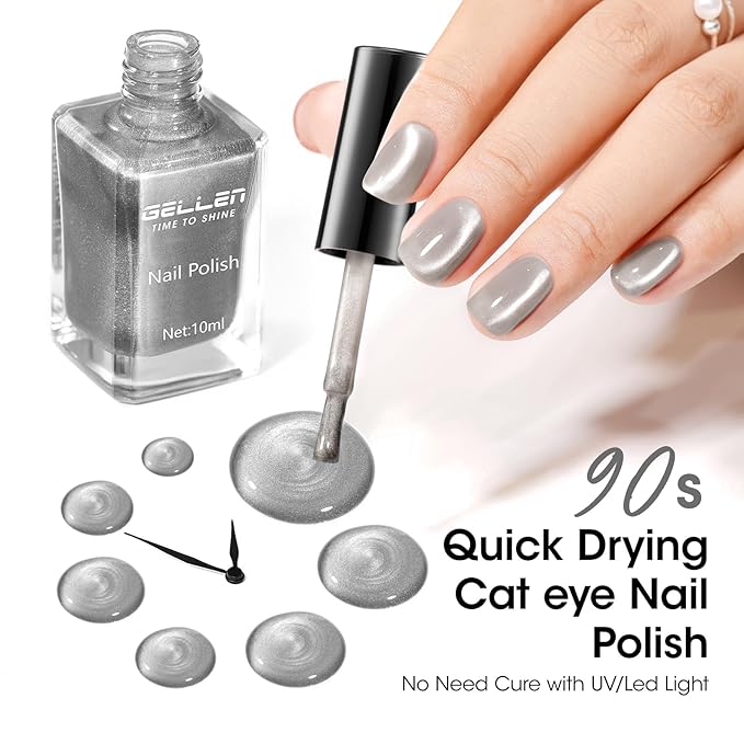 GELLEN Quick Dry Cat Eye Nail Polish Kit, Grey Brown Magnetic Fingernail Polish Set, Fast Drying Glitter Nail Lacquer Non Gel with Magnet Tool, DIY Salon Home