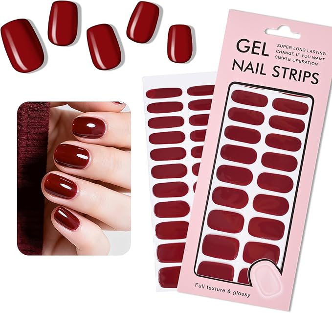 Cherry Red Nail Strips, 22 Pcs Long Lasting Gel Nail Wraps Stickers, No Lamp Needed, Easy Apply and Remove with Tools