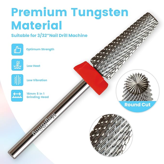 16mm 5 in 1 Tapered Barrel Nail Drill Bits, 3/32'' Safety Tungsten Carbide Bits, Right & Left Rotation, Manicure Cuticle Gel Acrylic Removal Polishing, Technicians Bits, Fine