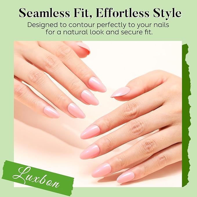 Luxbon Almond Press On Nails with No-Cure Nail Glue and Tool Kit – Durable Short Press On Nails Soft Gel Tips 25-30pcs Full Size Set, Reusable Fake Nails for Women, Salon Look at Home, Pink Aurora