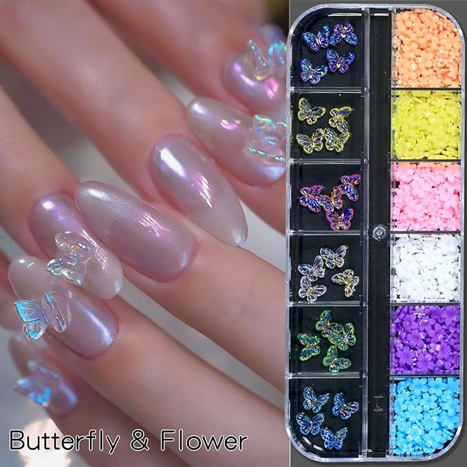 HNUIX Nail Charms - Nail Rhinestones Kit with 6 Boxes of Nail Gems, 3D Charms for Nails, Colorful Clear Flatback Gems, Pearls,Butterfly, Bow, Flowers, Caviar Beads, Multi Shape Crystals for Craft