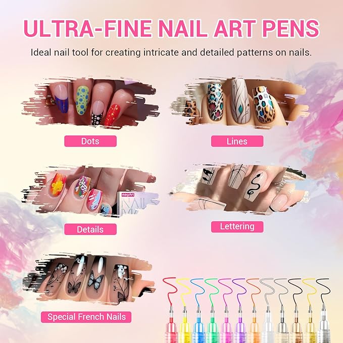 12 Colors Nail Art Pens, Fine Tips Nail Polish Pens Quick Dry, Graffiti Dotting Pen Acrylic Painted Pen Kit 3d Nail Polish Pens Drawing Painting for Diy Nails Art Design Manicure Tools
