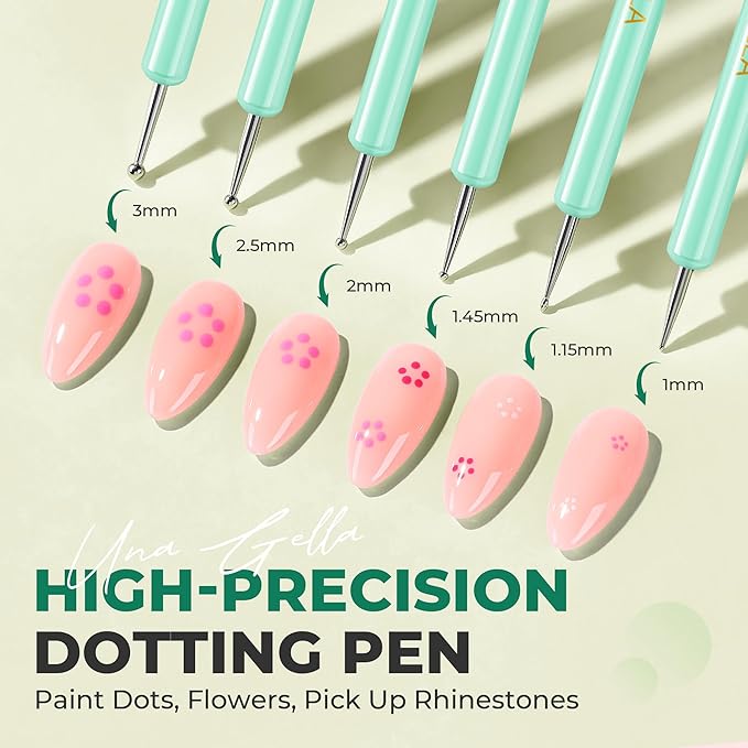 UNA GELLA Nail Art Pens 6PCS Green Color Acrylic Nail Art Design Brush Set with Gel Polish Liner Brushes Christmas Double-headed Nail Dotting Tools for DIY Home Salon Manicure Design Supplies