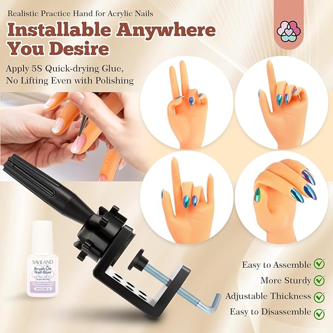 SAVILAND Practice Hand for Acrylic Nails: Flexible & Realistic Nail Practice Hand Mannequin Hand Silicone Nail Hand Practice with 120PCS Nail Tips Nail Glue for Beginners Manicure Training Home
