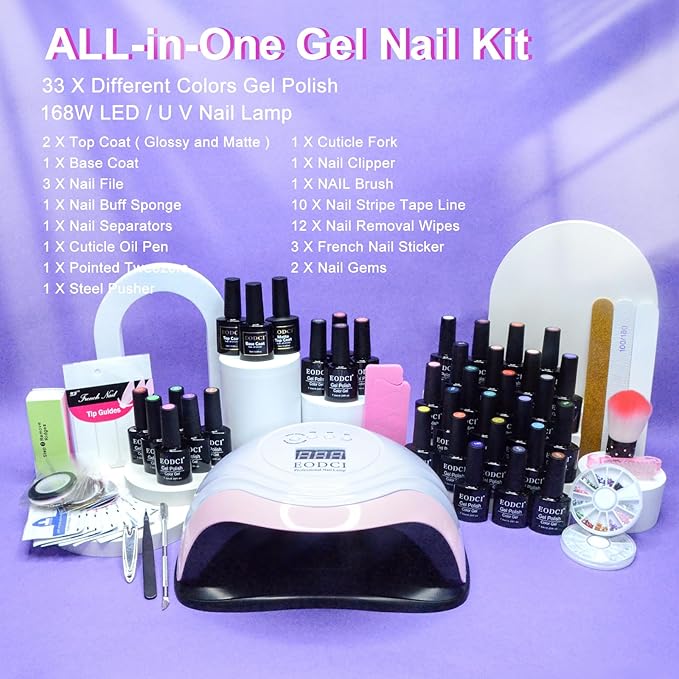 33 Colors Gel Nail Polish Kit With UV Light, 76 Pcs Nail Pink Nude Green Blue Gel Nail Polish Set 168W Nail Lamp, No Wipe Base Top Coat & Manicure Tools Starter Kit DIY Home Salon Gifts