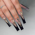 Square Press on Nails Long Fake Nails Extra Long Black Artificial Nail with Rhinestone Designs French Stick on Nail for Women 24pcs