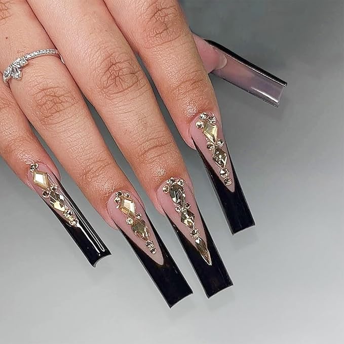 Square Press on Nails Long Fake Nails Extra Long Black Artificial Nail with Rhinestone Designs French Stick on Nail for Women 24pcs