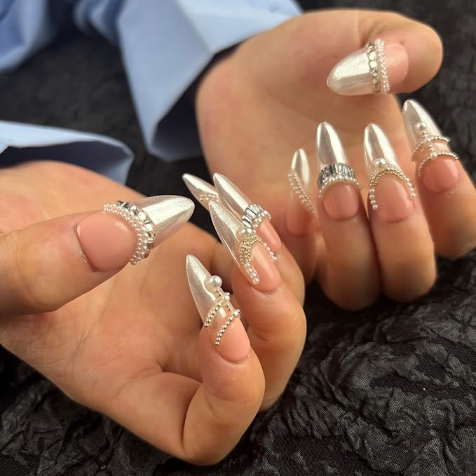 Trendy Handmade Press On French Nails Medium Almond Shape,10Pcs Thick Acrylic Fake Nails with 3D Pearl Cute Design Clip On Nail for Woman Gift (Design concept:French Tenderness)