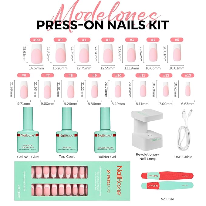 Modelones Gel Nail Kit, Top Coat, Nail Builder Gel and Nail Glue for Nail Tips, Press On Nails Kit with LED Light, 150 PCS Long Pink Square, 15 Sizes French Tip Press on Nails