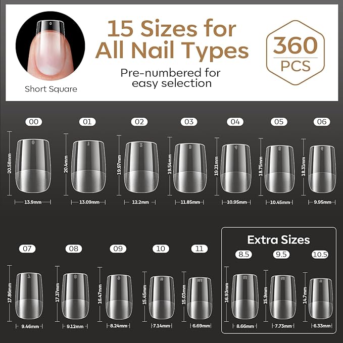 modelones Short Square Gel Nail Tips, 360pcs Pre-etched Clear Fake Nails Press On Full Cover Half Matte 15 Sizes Acrylic Gel Tips for Extension Salon