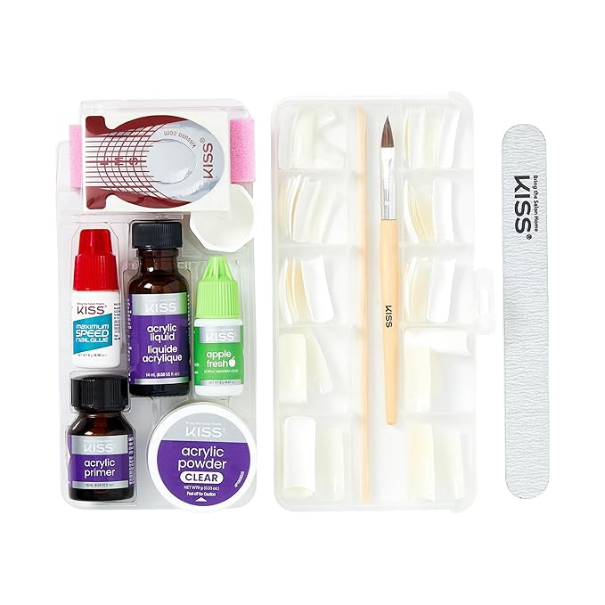 KISS Complete Salon Acrylic Fake Nails Manicure Kit, Acrylic Liquid, Acrylic Primer, Acrylic Powder Clear, Maximum Speed Nail Glue, Masking Formula, & 60 Long Length Bubble Free Acrylic Nails