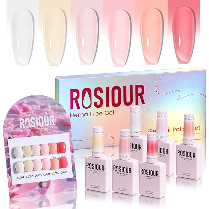 6PCS 18ml TPO Free Jelly Gel Nail Polish Set- Hema Free Milky White Pink Nude Soak off Gel Polish Set with Swatch Board - Same Color Same Bottle Gel Colors Nail Art Salon DIY at Home for Women Girl