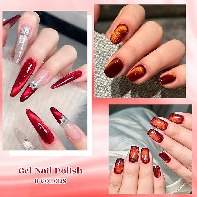 MEET ACROSS 9Pcs Cat Eye Gel Nail Polish Glitter Magnetic Cat Eye Gel Polish Set, Sparkle Red Purple Cateye Gel Polish with Magnet, Soak Off Led Nail Art Manicure Salon Gifts