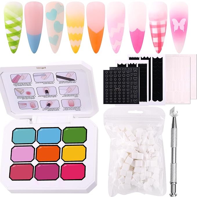 Gradient Ombre Nail Polish Kit, 9 Colors, 100 Sponges, French Manicure Tool Set with Stickers (Rainbow Rush Ombre Set #11)