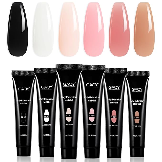 GAOY Poly Gel Set - 6 Classic Colors Pink Nude Black Builder Gel Nail Enhancement Kit for DIY Nail Art