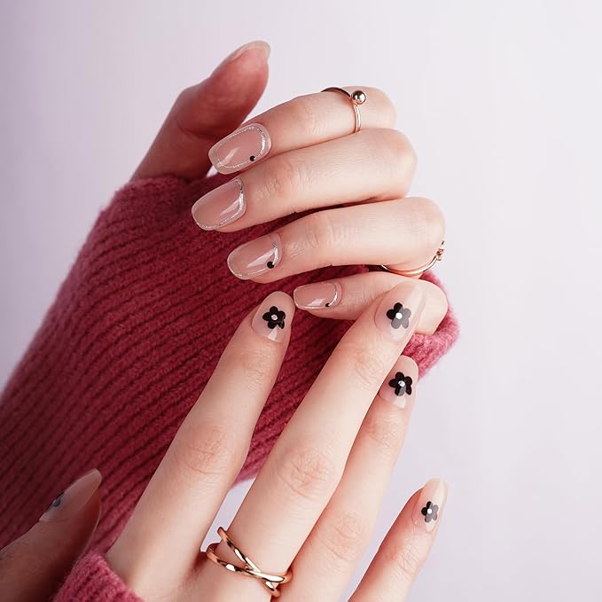 DANNI & TONI Semi Cured Gel Nail Strips Black Flowers (Floral Glint) Nude Gel Nail Wraps UV Nails 28 Stickers Gift for Women