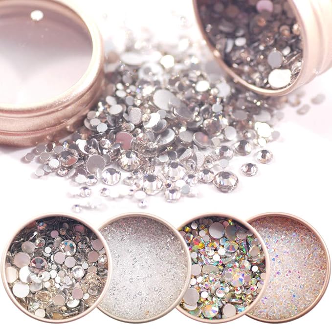 4 Boxes Nail Art Rhinestones AB and White Color Micro Diamond Sparkly with Aluminum Box Delicate Nail Gems