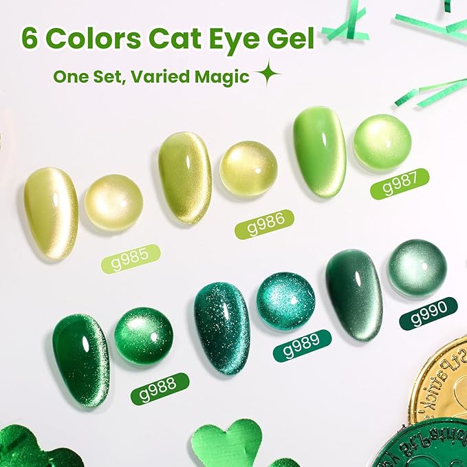 Beetles Green Spirit Cat Eye Gel Nail Polish Set - 6 Colors St Patricks Day Green Cat Eye Glitter Spring Gel Polish Kit Lime Emerald Olive Magnetic Shine Soak Off UV Manicure Gift for Women