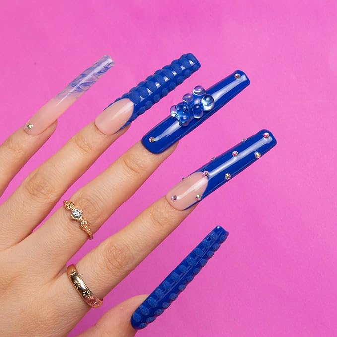 LOVFUL Press on Nails Little Blue Bear | Handmade with Full Covered Crystals | Reusable Fake Nails | Square Long 2.2 in | H132-S