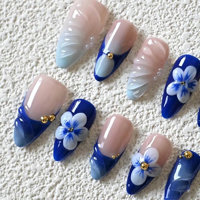 Luxury Press on Nails Medium Almond Handmade 3D French Tip Unique Reusable ABS Material Fake Nails Blue False Nails with Designs Pearls Floral Art Petal Glossy Glue on Nails Thick Acrylic Nails(S)