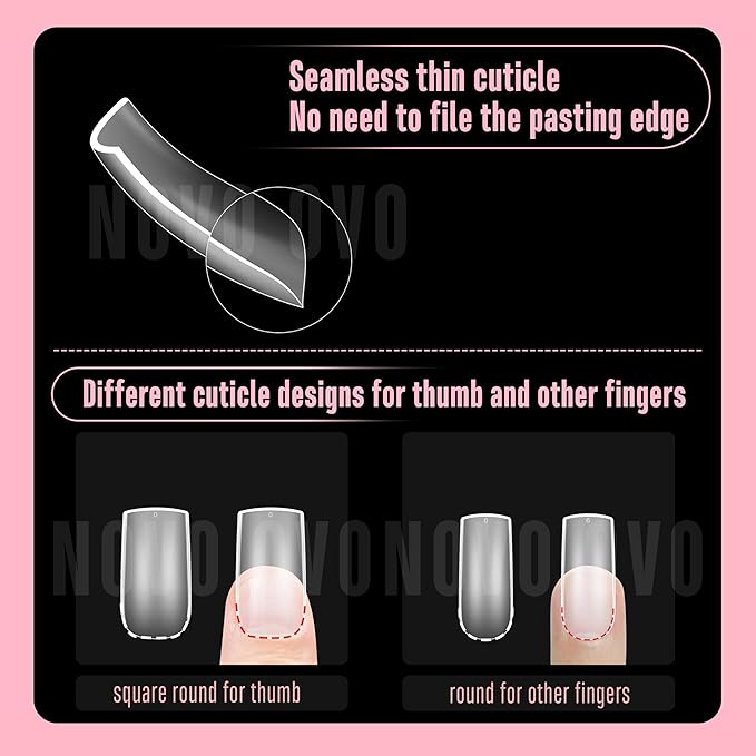 NOVO OVO Halloween Medium Slightly Curved Nail Tips Press on Full Cover, Thick Square Eagle Claw Hawk Curve Gel x Acrylic Fake Nails Extension kit, Clear Pre-etched French False Nail x 15 Sizes 240pcs