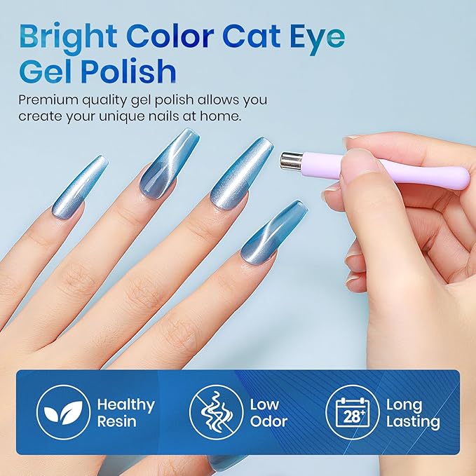 MIZHSE Moonlight Cat Eye Gel Nail Polish, 12mL Blue Glitter Cateye Gel Nail Polish Ceramic Glitter Magnetic Soak Off U V LED Nail Gel Polish for Home Manicure Nail Art