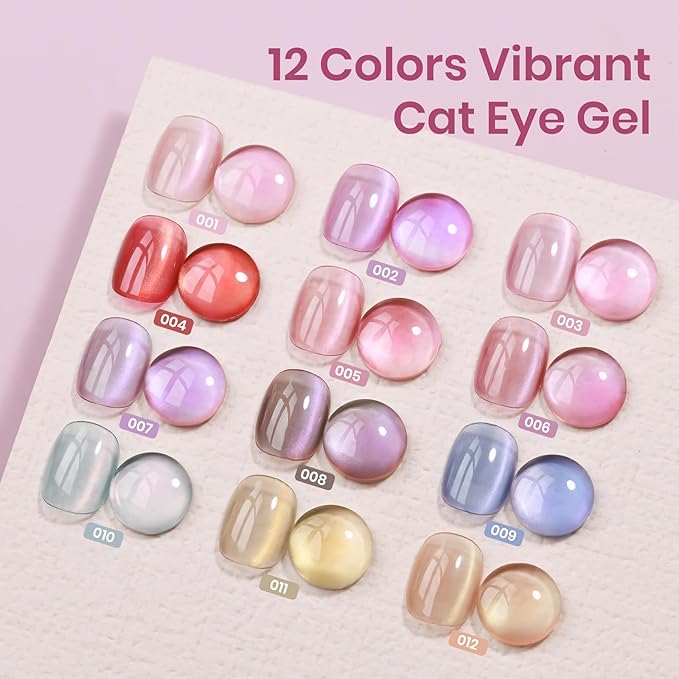 Cat Eye Gel Nail Polish Set, 12 Colors Magnetic Nail Polish Gel Cateye Gels with Magnet, High Glossy, UV Lamp Cure, Vegan, Non Toxic, Long Lasting, 0.24fl oz