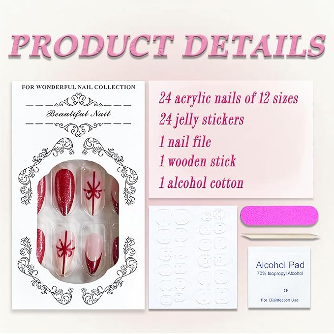 Christmas Press on Nails Medium Almond MABKJLF Fake Nails French Tip False Nails with Bow Glitter Designs Red Glossy Glue on Nail Full Cover Acrylic Nails for Women Girls 24Pcs