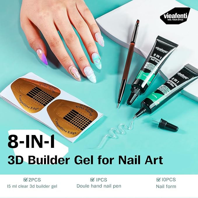 3D Sculpting Builder Gel Nail Art Kit - All In One Formula for Extensions, Sculpture, Designs, Chrome Powder, Rhinestones - Soak Off with UV/LED Lamp for Salon Home DIY