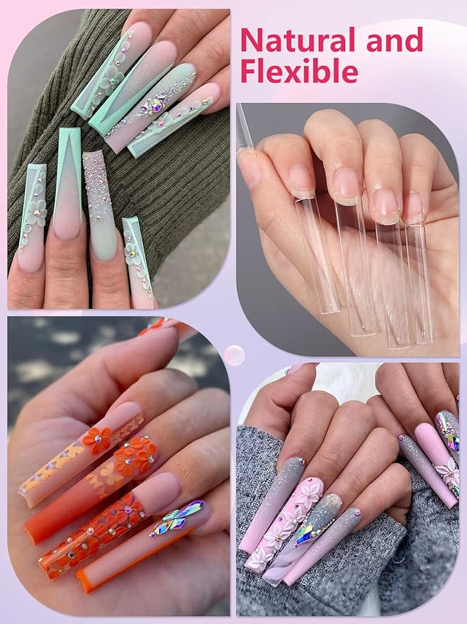 LIONVISON 504PCS No C Curve Clear Nail Tips for Acrylic Nails Professional, 3XL Extra Long Flat Tapered Square Nail Tips, 12 Sizes Half Cover Straight French Fake Nail Tips for Nail Salons Home