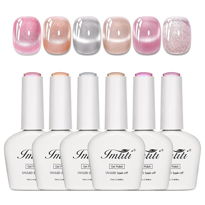 Imtiti Cat Eye & Glitter Gel Nail Polish Set with Magnet, 6 Colors 10ml Gel Polish Set,UV/LED Curable, Soak Off, Sparkling Magnetic Effect Manicure Kit, Gift for Women