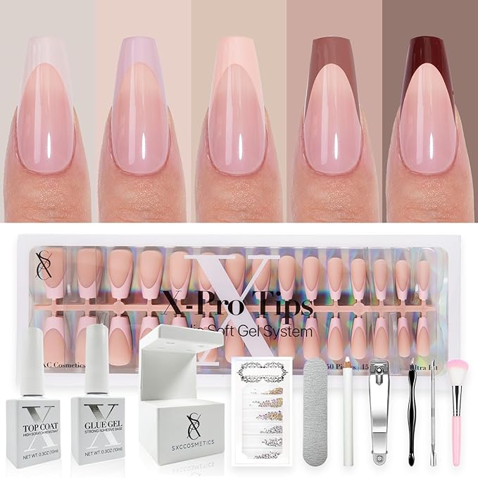 SXC Cosmetics French Tip Press On Nails - Skin Tone Nude and Color Series, Medium Coffin X-Pro Tips Starter Kit ST120KIT