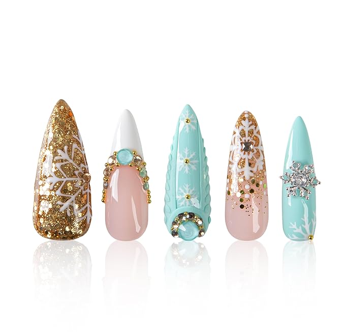 LOVFUL Short French Tip Press on Nails Gilded Snowfall | Handmade Acrylic Press ons| Reusable Fake False Nails | Stiletto Classic Regular 1.3in | H739-L