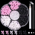 1 Box 3D Bow Nail Charms and Flatback Pearls Set 11, 120 Pcs Pink White Black Cute Bow Charms for Nail Design + 2-4mm White Nail Pearls with Pickup Tweezer and Pencil for Nail Art Decoration