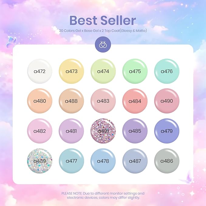beetles Gel Polish Set - 23Pcs Macaroon Color Gel Nail Kit with Glossy Matte Top Coat Base Coat Yellow Pink White Purple Blue Glitter Bright Uv Nails Paradise Pastel Gel Spring Gifts for Women