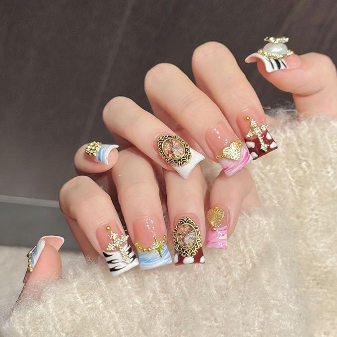 Medium Duck Handmade Unique Fake Nails French Tip False Nails Luxury Gold Charms Designs Valentine's Day Press on Nails for women 10Pcs