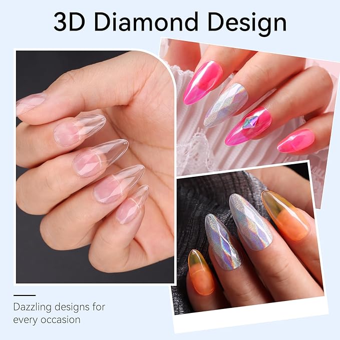 Makartt Medium Almond Soft Gel Nail Tips: 120pcs 3D Diamond-Shaped Fake Nails Extension, 12 Sizes Full Cover Clear Press-On Tip, Natural Rhombus Lattice, Suit for Chrome Nail Powder