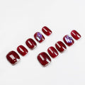 Press on Nails, Short Round Fake Nails Red Rhinestones False Nails Middle Pink Press on Nails for Women Girls Nail Art Decoration - Middle