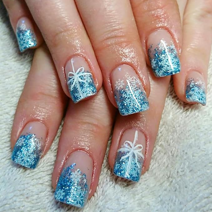24Pcs Christmas Press on Nails Short Square French Tip Fake Nails with Blue Glitter Snowflake Design Winter False Nails Full Cover Artificial Glue on Nails Santa Stick on Nail for Women Xmas DIY Gift