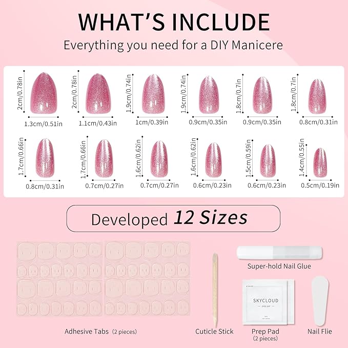 Pink Almond Cat Eyes Press On Nails,12 Sizes - 24 Pcs Soft Gel Pink Medium Fake Nails Kit with Nail Glue, Natural Reusable Stick On False Nails for Women and Girls SK1028