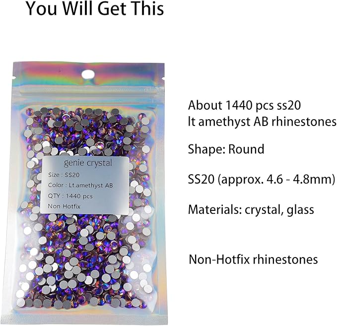 Genie Crystal Light Purple AB Rhinestones SS20, 4.8 mm Light Amethyst Aurora Borealis Flatback Glass Rhinestone for DIY Crafts, Shoes, Wedding Dreass, Tumbler, Cup, Makeup, Bling Decoration