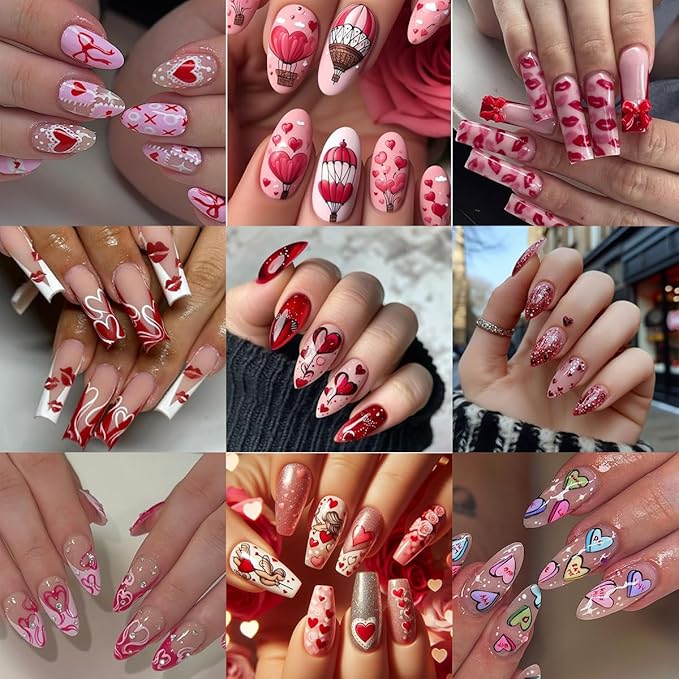 8 Sheets Valentines Nails Stickers 3D Self-Adhesive Heart Nail Art Stickers Cute Cartoon Nail Decals Red Lips Love Balloon Cat Light Cherry Designs Holiday Nails Art Supplies for Women DIY