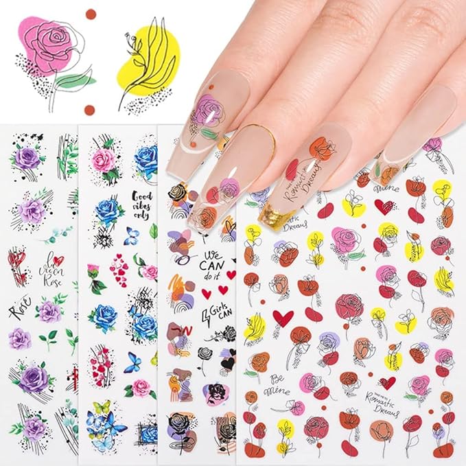 12 Sheets Rose Flower Nail Art Stickers Decals 3D Colorful Floral Self-Adhesive Graffiti Abstract Rose Love Heart Leaf Curve Line Design Supplies for Women Girls DIY Acrylic Nails Art Decoration
